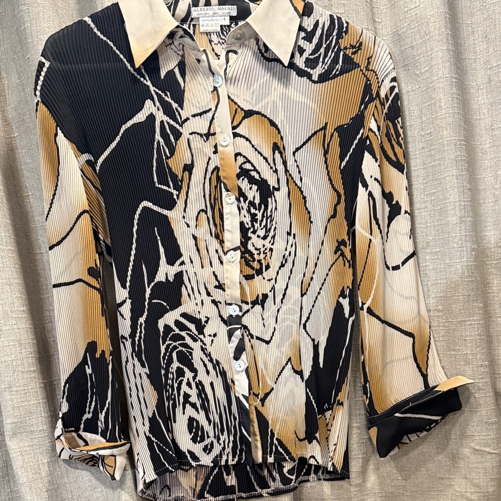 Alberto Makali Black and Gold Abstract Button Down Shirt S